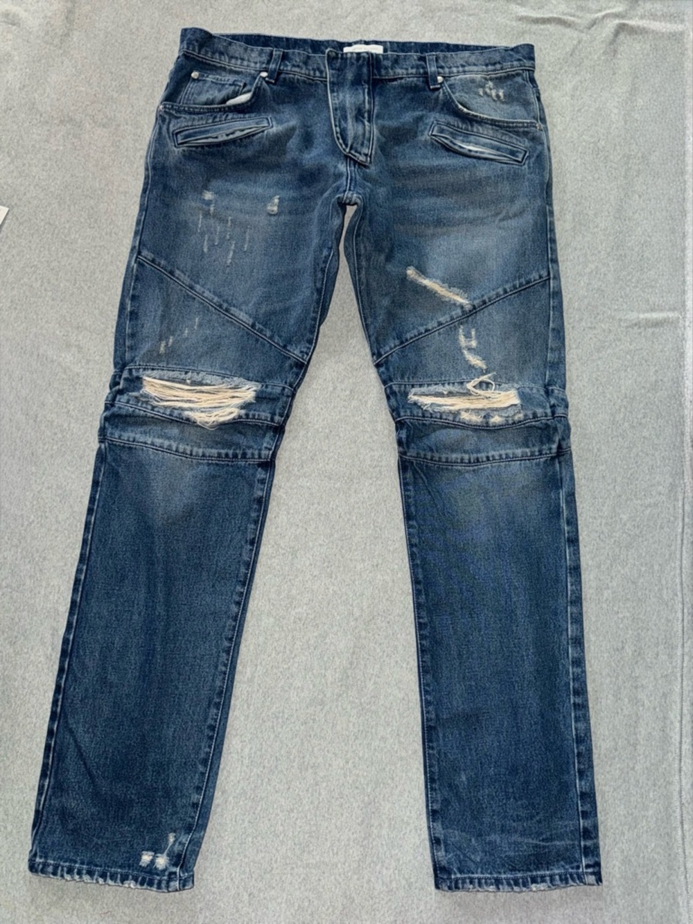 Pierre Balmain Men’s Moto Jean Blue Denim Dark Wash Distressed Sz 40‎